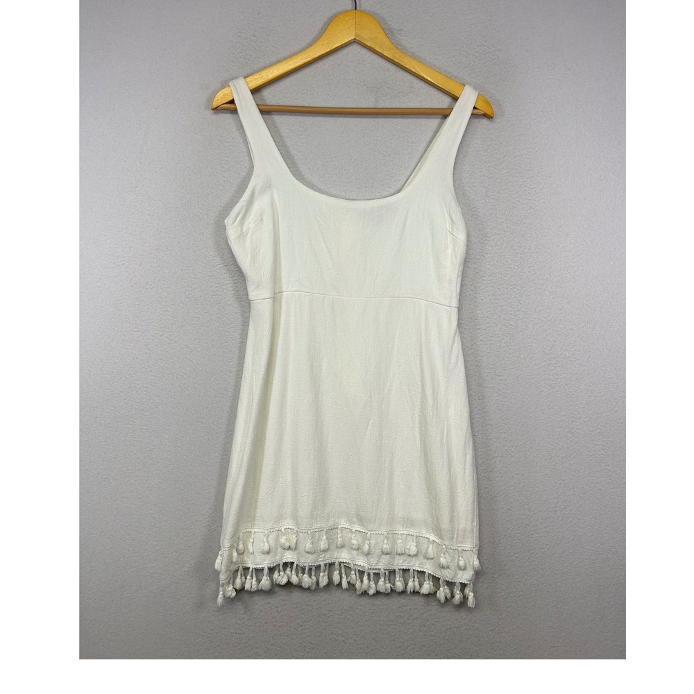 Boho Festival Lulus Womens M White Tassel Trim Linen Blend Scoop Neck Mini Dress